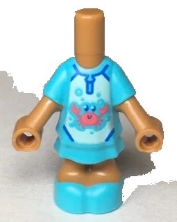 LEGO part Micro Doll, Body with Molded Medium Azure Short Layered Dress and Shoes and Printed Bubbles and Coral Crab on Light Aqua Panel Pattern (69969pb12)