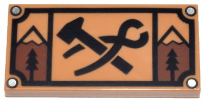 LEGO part Tile 2 x 4 with Black Blacksmith's Hammer and Tongs, Trees and Mountains Pattern (87079pb0871)