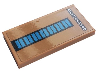 LEGO part Tile 2 x 4 with White 'STRETFORD END' and Blue Rectangles Pattern (Sticker) - Set 10272 (87079pb0888)
