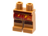 LEGO part Hips and Legs with Dark Red Sash and Knee Wrap, Red Robe End with Bright Light Orange Flame and Ninjago Logogram Letter K in Square Pattern 970c00pb1312
