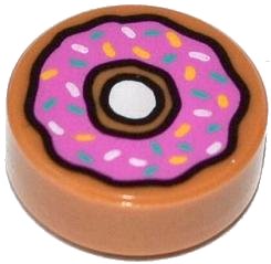 LEGO part Tile, Round 1 x 1 with Donut / Doughnut with Dark Pink Frosting and Sprinkles Pattern (98138pb021)