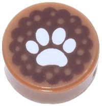 LEGO part Tile, Round 1 x 1 with White Animal Paw Print on Reddish Brown Background Pattern 98138pb055