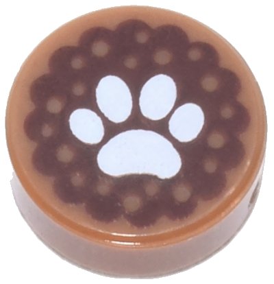 LEGO part Tile, Round 1 x 1 with White Animal Paw Print on Reddish Brown Background Pattern (98138pb055)