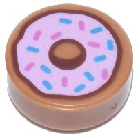 LEGO part Tile, Round 1 x 1 with Donut / Doughnut with Bright Pink Frosting and Dark Azure and Dark Pink Sprinkles Pattern 98138pb182