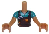 LEGO part Torso Mini Doll Boy Dark Turquoise Top with Dark Brown Overalls and Name Tag Pattern, Medium Nougat Arms with Hands with Dark Turquoise Sleeves FTBpb036c01