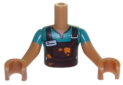 LEGO part Torso Mini Doll Boy Dark Turquoise Top with Dark Brown Overalls and Name Tag Pattern, Medium Nougat Arms with Hands with Dark Turquoise Sleeves (FTBpb036c01)