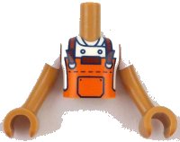LEGO part Torso Mini Doll Boy Reddish Orange Apron with Black Pocket and Dark Red Straps over White Chef Jacket Pattern, Medium Nougat Arms with Hands with White Short Sleeves FTBpb136c01