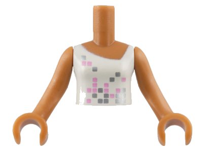 LEGO part Torso Mini Doll Girl White Top with Bright Pink and Silver Squares Pattern, Medium Nougat Arms with Hands (FTGpb010c01)