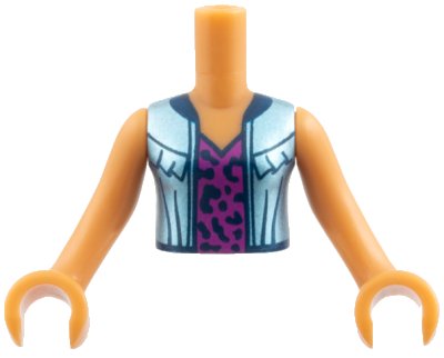 LEGO part Torso Mini Doll Girl Metallic Light Blue Jacket over Magenta Top with Dark Blue Splotches Pattern, Medium Nougat Arms with Hands (FTGpb200c01)
