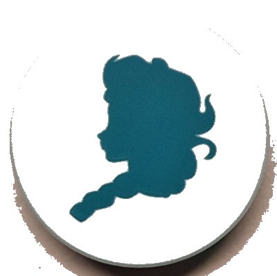 LEGO part Tile, Round 2 x 2 with Bottom Stud Holder with Dark Turquoise Elsa Silhouette and White Frame and Sparkles / Stars Pattern (14769pb663)