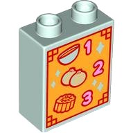 LEGO part Duplo, Brick 1 x 2 x 2 with Menu with Bowl, Tan Onions, Moon Cake, and Bright Pink Numbers 1, 2, and 3 on Bright Light Orange Background Pattern 4066pb789