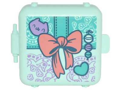 LEGO onderdeel Container, Box 3 x 8 x 6 2/3 Half Front with Present with Coral Bow, Medium Lavender Cat Face, Dark Turquoise Heart, and Ornament Pattern (64462pb11)