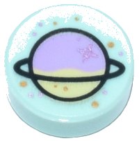 LEGO part Tile, Round 1 x 1 with Lavender and Yellowish Green Planet with Ring and Gold and Metallic Pink Spots Pattern 98138pb121