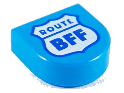 LEGO part Tile, Round 1 x 1 Half Circle Extended with White Highway Sign, Blue Outline and 'ROUTE BFF' Pattern (24246pb013)