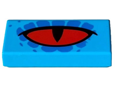 LEGO part Tile 1 x 2 with Red Eye, Black Slit Pupil and Blue Spots Pattern (3069pb1183)