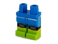 LEGO part Hips and Legs with Molded Lime Lower Legs / Boots and Printed Black and Dark Bluish Gray Knee Pads, Yellow Shins, and White Stripes on Shorts Pattern 970c00pb1010