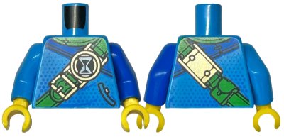 LEGO part Torso Robe with Blue Shoulder and Dots, Bright Green Neck and Belt with Hourglass and Gold Buckles, Pocket with Black Outline Pattern / Blue Arm Left / Dark Azure Arm Right / Yellow Hands (973pb5346c01)