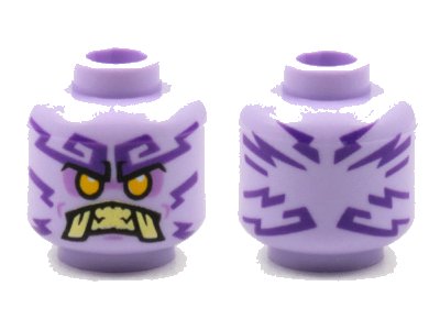 LEGO part Minifigure, Head Alien Ninjago Islander with Dark Purple Tattoos, Bright Light Orange Eyes, Medium Lavender Eye Shadow, Tan Teeth and Tusks Pattern - Hollow Stud (3626pb2768)