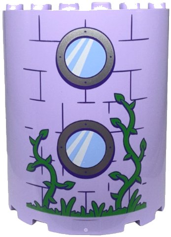 LEGO onderdeel Cylinder Half 3 x 6 x 6 with 1 x 2 Cutout with Bright Green Grass and Vines, 2 Bright Light Blue Round Windows with Silver Frames, and Dark Purple Bricks Pattern (87926pb027)
