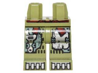 LEGO part Hips and Legs with Sand Green and Silver Mechanical Panels and Boots and Dark Red Sash Pattern (970c00pb0584)