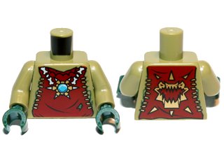 LEGO part Torso Dark Red Vest with Star Shaped Necklace with Blue Round Jewel (Chi), Back with Gold Crocodile Jaws Pattern / Olive Green Arms / Dark Green Hands (973pb1356c01)