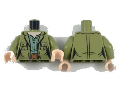 LEGO onderdeel Torso Female Jacket with Pockets over Sand Green Shirt with Green Stripes, Reddish Brown Belt Pattern / Olive Green Arms / Light Nougat Hands (973pb3126c01)