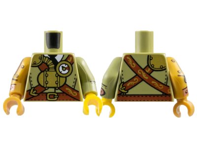 LEGO onderdeel Torso Suit with Reddish Brown Belt and Crossbelt, Gold Steam Tank, Gauge and Buckles over White Shirt with Black Tie Pattern / Olive Green Arm Left with Black Seams and Stitches and Copper Button Pattern / Pearl Gold Arm Right with Copper and Silver Mecha (973pb5929c01)