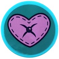 LEGO part Tile, Round 2 x 2 with Bottom Stud Holder with Cushion with Medium Lavender Heart, Dark Blue Button and Stitching on Dark Turquoise Background Pattern (Sticker) - Set 41683 14769pb686