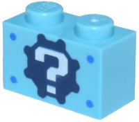 Brick 1 x 2 with White Question Mark on Black Gear Pattern in azzurro medio, numero pezzo LEGO 3004pb042