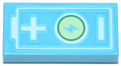 LEGO part Tile 1 x 2 with Electric Car Battery with Lightning Bolt Power Symbol and White Plus and Minus Sign Pattern (3069pb1455)