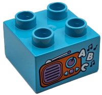 LEGO part Duplo, Brique 2 x 2 avec Motif de Radio Orange et Lavande Moyen, Notes de Musique Noires et 'ABC' Blanc 3437pb121