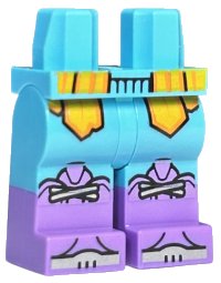 LEGO part Hips and Legs with Molded Medium Lavender Lower Legs / Boots and Printed Bright Light Orange and Orange Robe Ends and Silver Laces and Toes Pattern 970c00pb1527
