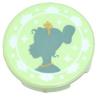 LEGO part Tile, Round 2 x 2 with Bottom Stud Holder with Sand Green Tiana Silhouette, Gold Tiara and Necklace, and White Flowers Pattern 14769pb654