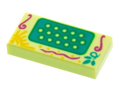 LEGO onderdeel Tile 1 x 2 with Accordion Keys on Dark Turquoise Panel, Magenta Filigree, Sun, Leaves Pattern (3069pb1006)