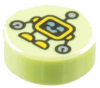 LEGO onderdeel Tile, Round 1 x 1 with Yellow Robot with Metallic Light Blue Eyes and Mouth, Silver Hands Pattern 98138pb453