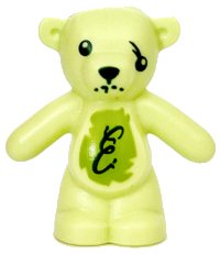 LEGO part Teddy Bear with Dark Green Eyes, Nose and Mouth, Script Letter E on Lime Stomach, Damaged Eye Pattern 98382pb008