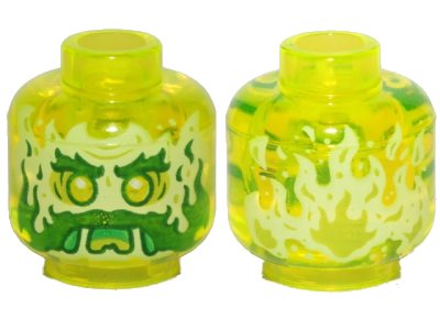 LEGO onderdeel Minifigure, Head Alien Ghost with Yellowish Green Face, Beard, Sideburns, Slime Mouth and Flames in Back Pattern - Hollow Stud (3626pb2453)