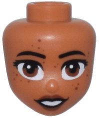 LEGO onderdeel Mini Doll, Head Friends with Black Eyebrows, Reddish Brown Eyes, Freckles and Lips, and Open Mouth Smile Pattern 106071