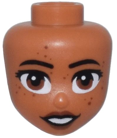 LEGO onderdeel Mini Doll, Head Friends with Black Eyebrows, Reddish Brown Eyes, Freckles and Lips, and Open Mouth Smile Pattern (106071)