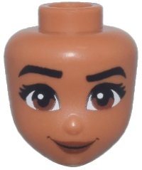 LEGO onderdeel Mini Pop, Hoofd Friends met Zwarte Wenkbrauwen, Rechts Opgeheven, Wimpers, Roodbruine Ogen en Lippen, Brede Grijns Patroon (Moana) 107866