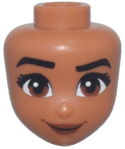 LEGO onderdeel Mini Pop, Hoofd Friends met Zwarte Wenkbrauwen, Rechts Opgeheven, Wimpers, Roodbruine Ogen en Lippen, Brede Grijns Patroon (Moana) (107866)