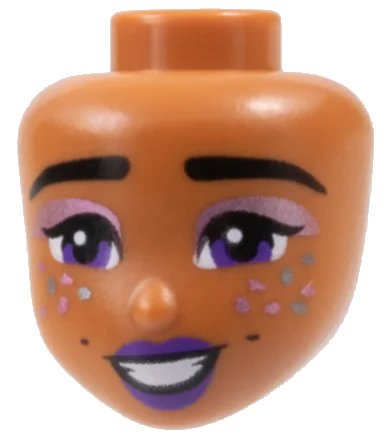 LEGO onderdeel Mini Doll, Head Friends with Black Eyebrows and Eyelashes, Dark Purple Eyes and Lips, Metallic Pink Eye Shadow and Metallic Light Blue Sparkles, Open Mouth Smile with White Teeth Pattern (110328)