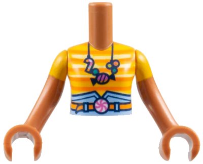 LEGO part Torso Mini Doll Girl Bright Light Orange Striped T-Shirt, Bright Light Blue Skirt Top and Orange Belt with Candy Buckle and Necklace Pattern, Sienna Arms with Hands with Bright Light Orange Short Sleeves (FTGpb522c01)