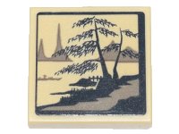 LEGO part Tile, Modified 2 x 2 Inverted with Ink Wash Painting of Trees, Bridge and Boat Pattern (Sticker) - Set 71741 11203pb063