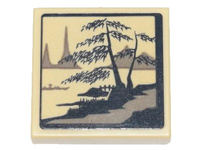 LEGO part Tile, Modified 2 x 2 Inverted with Ink Wash Painting of Trees, Bridge and Boat Pattern (Sticker) - Set 71741 (11203pb063)