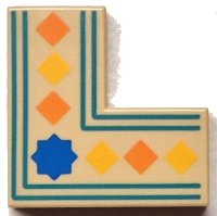 LEGO part Tile 2 x 2 Corner with Orange and Yellow Squares, Blue Star and Dark Turquoise Border Lines Pattern 14719pb010