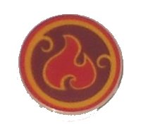 LEGO part Tile, Round 2 x 2 with Bottom Stud Holder with Elves Fire Power Icon Pattern 14769pb032