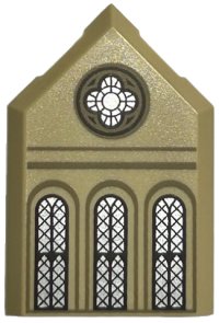 LEGO part Tile, Modified 2 x 3 Pentagonal with Ornate Round and 3 Arched Silver Windows with Dark Brown Lattice, Dark Tan Arches and Lines Pattern 22385pb309