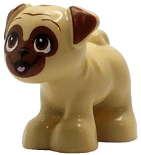 LEGO onderdeel Hond, Friends, Mopshond, Staand met Roodbruin Snuit, Oren en Ogen Omhoog Kijkend en Felroze Tong Patroon 24111pb10