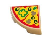 LEGO part Tile, Round 1 x 1 Quarter with Pizza Slice with Green Peppers, Mushrooms, and Black Olives Pattern 25269pb003
